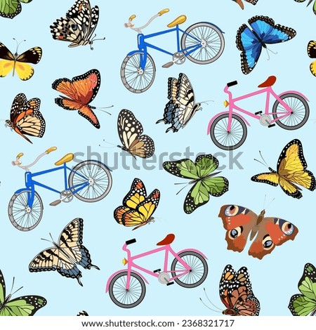 Butterflies and bicycles in a pattern.Vector pattern with bicycles and bright multi-colored butterflies on a blue background.