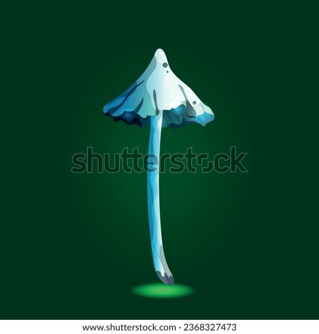 The mushroom is in a cartoon fairy tale style, slightly highlighted, using bright colors, blue and blue shades. Children's book, illustration. Vector illustration EPS10