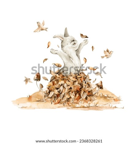 Watercolor nursery set. Hand painted autumn composition of cute bunny, rabbit character, mushroom, forest fall leaves, isolated on white background. Baby illustration for card design, print, poster