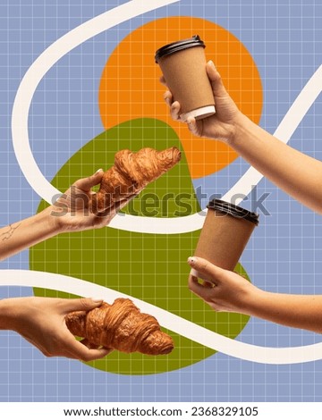 Human hands with coffee cups to go and freshly baked croissants over colorful background. Concept of food and drink, taste, creativity. Artwork. Poster. Copy space for ad