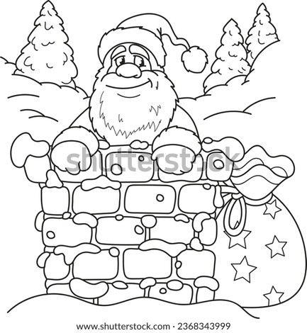 Coloring page outline of cartoon smiling cute Santa Claus with Christmas gifts. Colorful vector illustration, winters coloring book for kids.