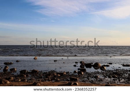 Baltic sea shore on a sunny evening. View from a sandy beach. Idyllic seascape, landscape. Pure nature, ecology, eco tourism, vacations. Komarovo, Sain-Petersburg, Russia - autumn 2023