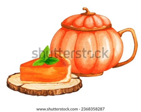 Beautiful pumpkin mug and pumpkin pie. Hot drink. Autumn decor, autumn mood, cozy home. Watercolor composition for design of cards, invitations, posters, stationery. Harvest Festival, Thanksgiving.