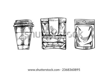 Hand-drawn sketch collection of paper lunch food craft box package, paper zip package, takeaway cup.  Vector illustration. Eco concept.