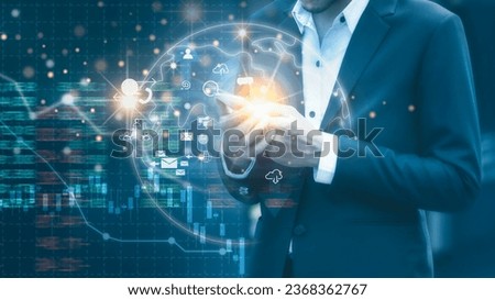 Businessman Using Mobile Phone with Network Connection Icon: Digital Online Marketing and Business Technology.