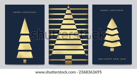 Set of elegant christmas card backgrounds with blue and golden shapes of christmas trees.