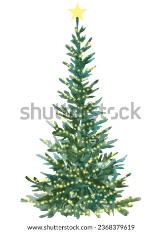 Watercolor Christmas tree with star and lights, isolated on white