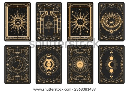 Tarot cards batch reverse side, magic frame with esoteric patterns and mystic symbols, sun and moon sorcery, vector Royalty-Free Stock Photo #2368381439