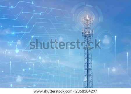 Signal tower or Mobile phone tower with dayligth sky. Telecommunication tower with 5G cellular network antenna. Global connection and internet network concept. Royalty-Free Stock Photo #2368384297