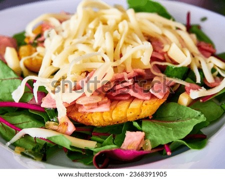 Sliced potatoes and cheese with ham gravy on a bed of lettuce. Royalty-Free Stock Photo #2368391905