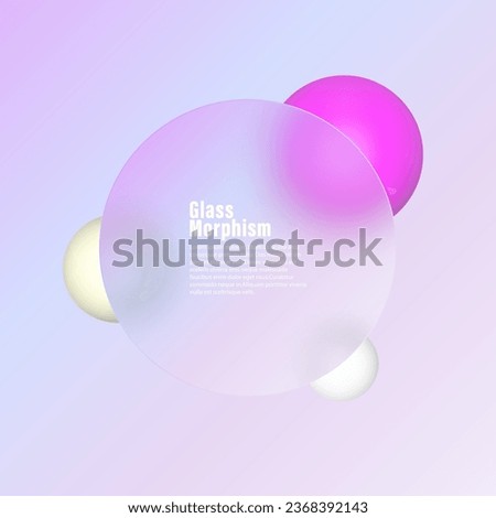 Glass morphism landing page with round frame. Vector illustration with blurry floating spheres.