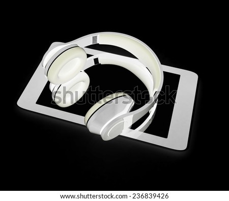 a creative cellphone with headphones isolated on black, portable audio concept 