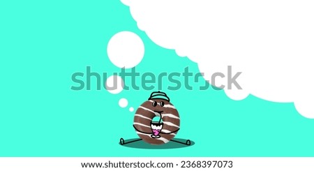 Positive chocolate donut drinking milkshake and dreaming over mint background. Creative colorful design. Concept of creativity, food and drink, taste, minimalism. Poster. Copy space for ad