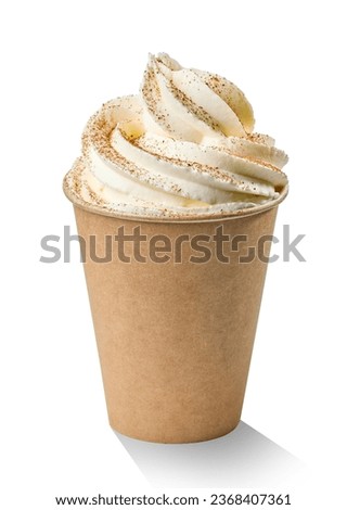 cup of cappuccino coffee decorated with whipped cream isolated on white background