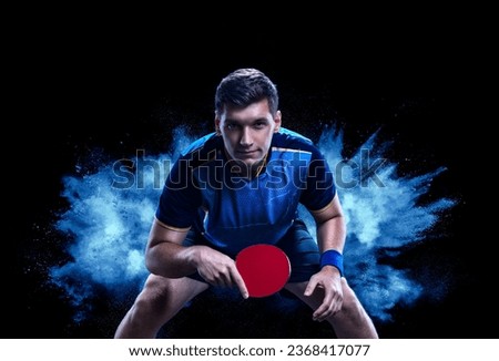 Table tennis player cover. Ping pong. Download a photo of a table tennis player for a tennis racket packaging design. Image for tenis ball box template. Royalty-Free Stock Photo #2368417077