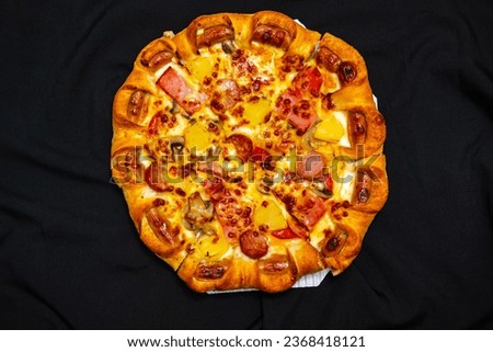 pizza cheese lunch or dinner crust seafood meat topping sauce. delicious tasty fast food in top view.