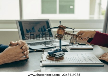 Car accident and hammer case on table or bail court case, judge decides, dispute over car seizure, car bail. Lawyers service concept. Trial in civil court Royalty-Free Stock Photo #2368419385