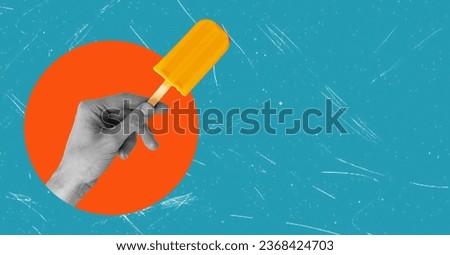 Composite collage image of a hand with ice cream on a blue background with space for text. The concept of sweet and tasty food.