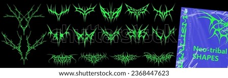 Acid Neo-tribal shapes. Abstract ethnic shapes in gothic style. Modern elements for typography, tattoo, poster, streetwear, cover.  Flat graphic vector illustration isolated on black background Royalty-Free Stock Photo #2368447623