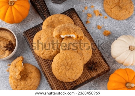 Pumpkin cinnamon cookies with cream cheese filling. Pumpkin snickerdoodle cookies. Food for Thanksgiving or Halloween
