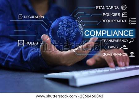 compliance concept businessman using laptop and holding world process to products export foreign countries meet governance requirement before trade or do business under regulation and standardization Royalty-Free Stock Photo #2368460343