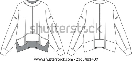 crew neck, long sleeve, pieced body, side slits, oversize fit, women's sweatshirt flat template drawing, front and back view, jersey top fashion Royalty-Free Stock Photo #2368481409