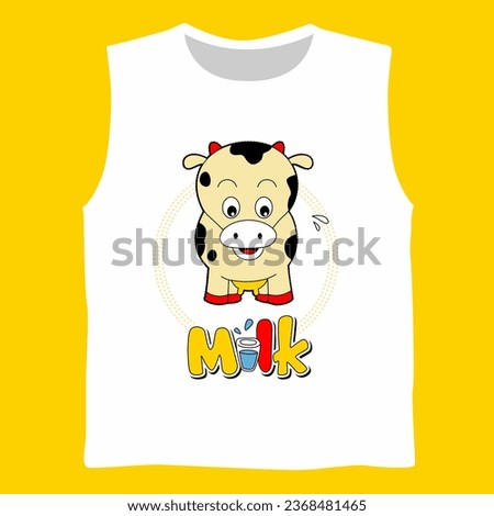 cartoon cow delivering milk to friend, child clothing design vector illustration