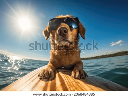 dog-with, sunglasses on a paddleboard