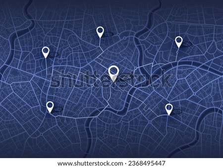 Abstract Map city. Multiple destinations with location system. Direction markers for navigation to town. Location system. Urban map for travel. Route distance data, path turns. destination tag, Vector