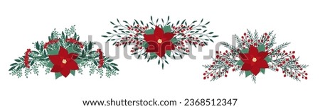 Christmas arrangement with poinsettia, leaves, branches, berries. Winter floral collection. Vector frame composition. Hand drawn Happy New Year illustration isolated on white background