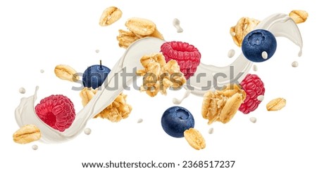 Falling granola with milk splash and berries isolated on white background Royalty-Free Stock Photo #2368517237