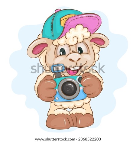 Cartoon Sheep with Camera. A cute cartoon sheep holds a camera in its paws. Unique design, Children's mascot.