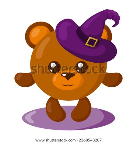 Funny cute kawaii Halloween bear with witch hat in flat design with shadows. Isolated animal vector illustration