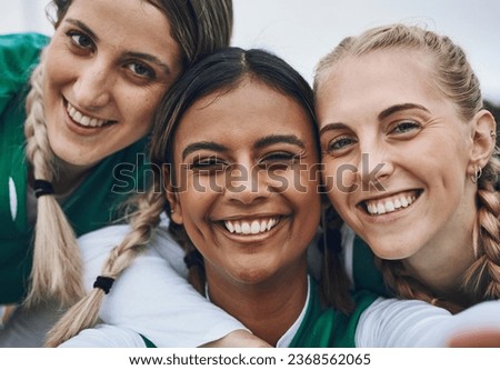 Woman, sports, or field as portrait selfie for hockey teamwork outdoor sport, exercise or fitness. Athlete smile, strong competition or training group in game for cardio, health or happiness workout