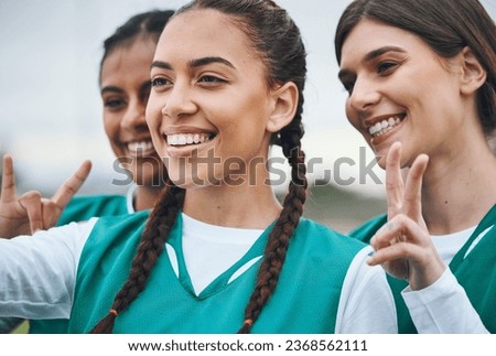 Selfie, women or sports team with peace after a game with support in hockey training, exercise or fitness workout. Smile, teamwork or happy people in a social media picture or group with hand gesture