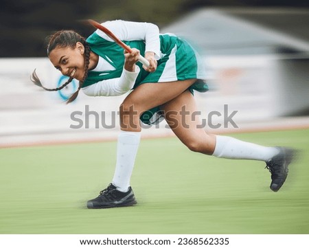 Hockey, sports or girl running in game, tournament or competition with ball, stick or action on turf. Blur, woman training or fast player in exercise, workout or motion on artificial grass for speed