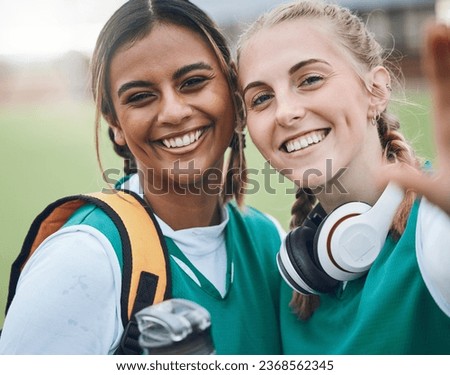 Selfie, sports and portrait of women friends on field smile for training, exercise and workout. Fitness, team and happy people take profile picture for social media, memory and bonding in sport club
