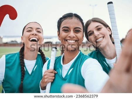 Sports women, team selfie or field for memory, competition or smile in portrait for fitness. Girl group, photography and post on social media for friends, profile picture or diversity for hockey game