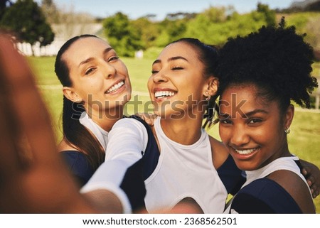 Portrait, women or cheerleaders in a group selfie at a game with support in training, exercise or fitness workout. Proud girls, smile or happy sports athletes in a social media picture or team photo