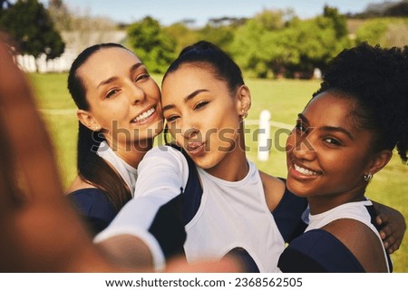 Field, girl or cheerleaders in team selfie at a game with support in training, exercise or fitness workout. Female athletes, teamwork or happy sports women in a social media picture or group photo