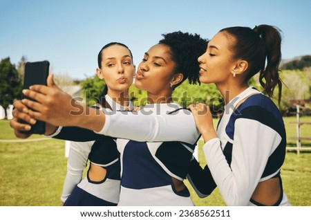 Field, women or cheerleaders in team selfie at a game with support in sports training, exercise or fitness workout. Female athletes, teamwork or young people in a social media picture or group photo