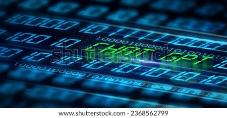 Coding hologram, ai programming and dark background with chat machine, large language model or app. Big data, cloud computing and artificial intelligence software on live web in technology abstract Royalty-Free Stock Photo #2368562799