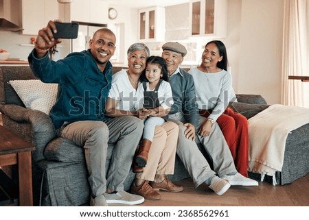 Family, selfie and grandparents and child on sofa for bonding, relationship and social media at home. Senior parents, happy and mother, father and girl in living room for picture, memory and photo