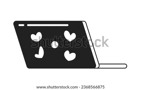 Heart stickers laptop monochrome flat vector object. Portable personal computer for working. Editable black and white thin line icon. Simple cartoon clip art spot illustration for web graphic design