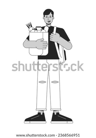 Indian man with purchases flat line black white vector character. Male holding backpack. Shopping. Editable outline full body person. Simple cartoon isolated spot illustration for web graphic design
