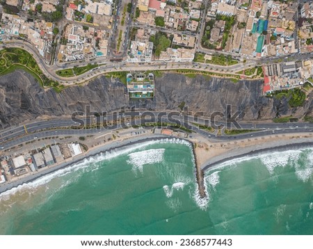 High altitude aerial photography of the city of Lima in Peru. Barranco and Miraflores region.