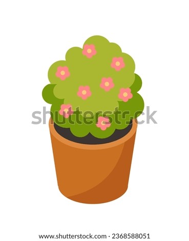 Isometric plant in flowerpot concept. Tropical and exotic bush with pink flowers. Bloom and blossom plant. Template, layout and mock up. Cartoon 3D vector illustration isolated on white background
