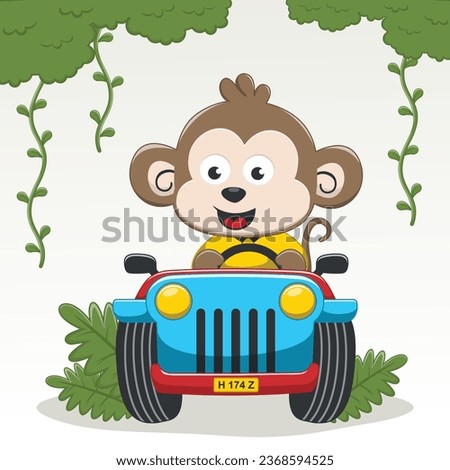 Vector illustration of cute monkey driving blue car go to vacation, Vector illustration. T-Shirt Design for children. Design elements for kids.