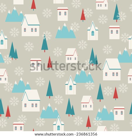 Snowy village retro seamless pattern