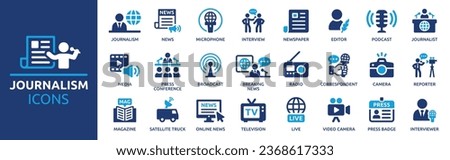 Journalism icon set. Containing journalist, news, microphone, interview, reporter, podcast, press badge, newspaper and radio. Solid icons collection. Vector illustration. Royalty-Free Stock Photo #2368617333